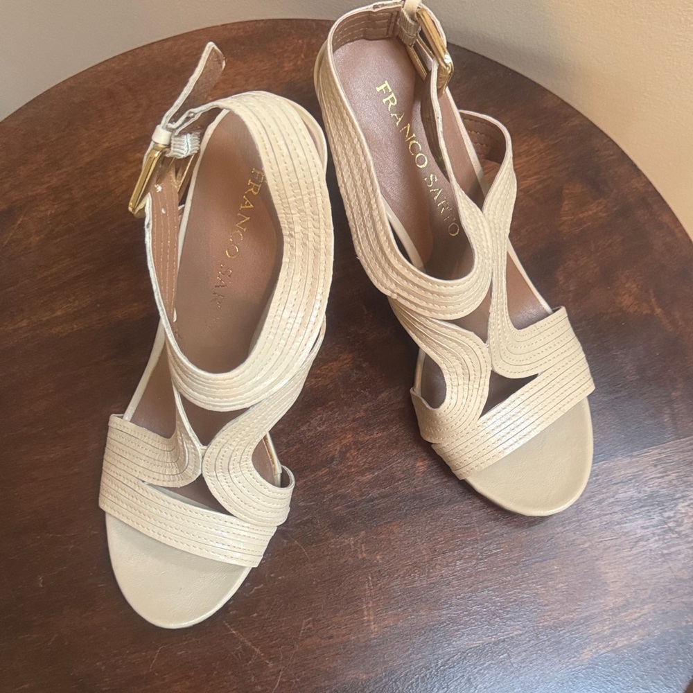 Franco Sarto Cream Strappy Wedge Heels with Ankle Buckle